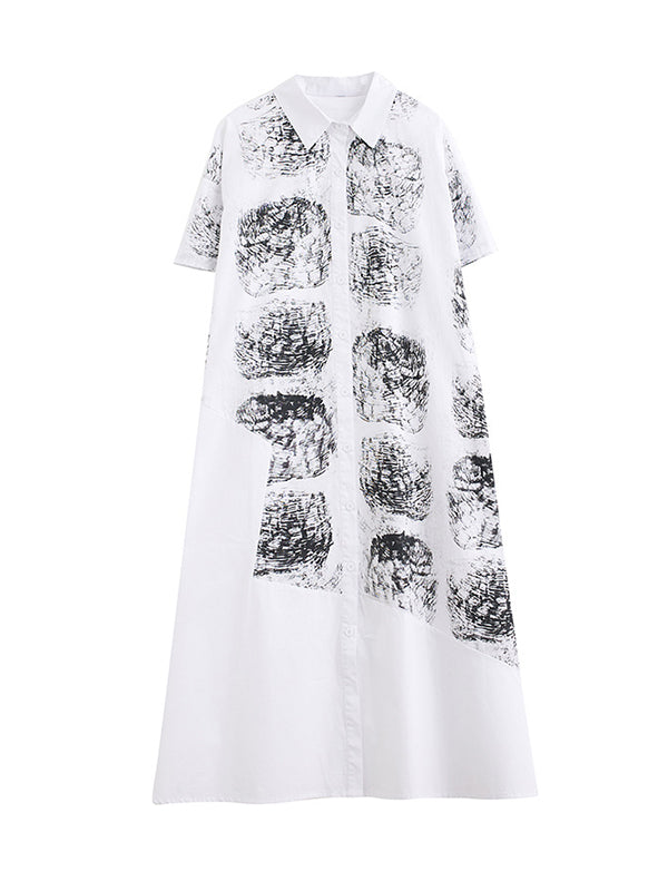 Loose Short Sleeves Abstract Printed Lapel Midi Dresses Shirt Dress