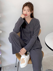 Solid Color Long Sleeves V-Neck Cardigan Tops & Pants Pajamas Set