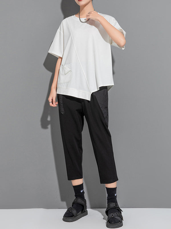 Loose Short Sleeves Asymmetric Solid Color Split-Joint Round-Neck T-Shirts Tops