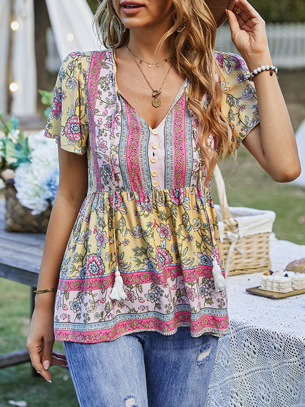 Loose Short Sleeves Buttoned Flower Print Split-Joint Tasseled Tied V-Neck T-Shirts Tops