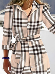 High Waisted Long Sleeves Buttoned Plaid Tied Waist V-Neck Maxi Dresses Shirt Dress