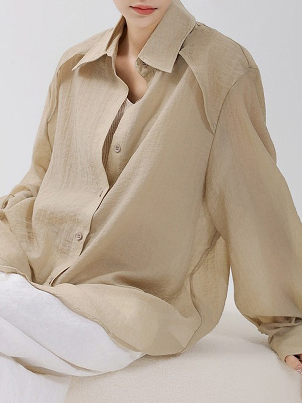 Loose Puff Sleeves See-Through Solid Color Split-Joint Sun Protection Lapel Blouses