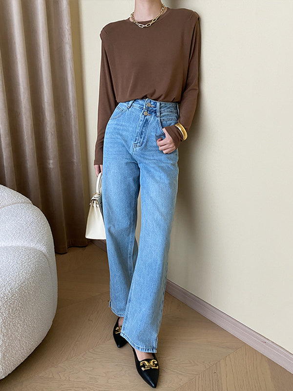 Long Sleeves Solid Color Split-Joint Round-Neck T-Shirts Tops