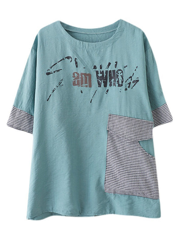 Original Letter Print Split-Joint Round-Neck T-Shirts Tops