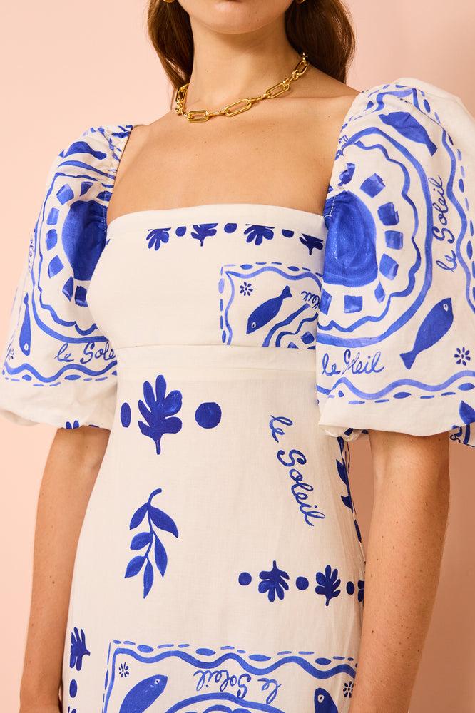 Mediterranean-Puff Sleeve Midi Dress