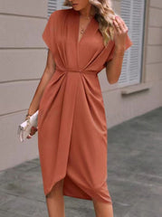 High-Low Loose Knot Pleated Solid Color Split-Front V-Neck Midi Dresses