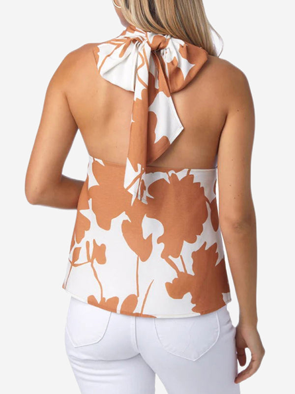 Loose Backless Flower Print Tied Halter-Neck Vest Top + Elasticity Pockets High Waisted Shorts Bottom Two Pieces Set