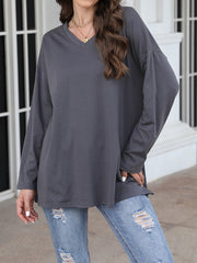 Long Sleeves Loose See-Through Solid Color Split-Joint V-Neck T-Shirts