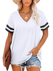 Loose Short Sleeves Contrast Color Striped V-Neck T-Shirts