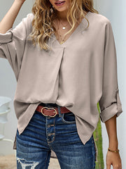 High-Low Loose Buttoned Solid Color V-Neck T-Shirts Tops