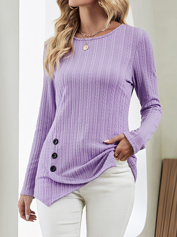 Long Sleeves Loose Asymmetric Buttoned Round-Neck T-Shirts Tops