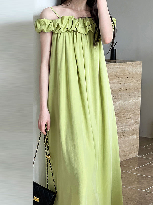 Loose Sleeveless Elasticity Pleated Solid Color Split-Joint Off-The-Shoulder Maxi Dresses