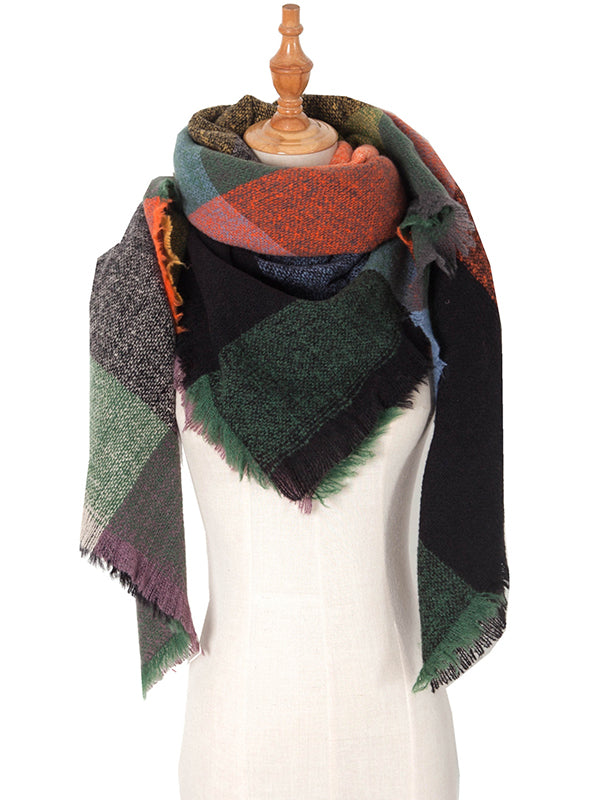 Triangle Contrast Color Diamond-Patterned Fringed Keep Warm Shawl&Scarf