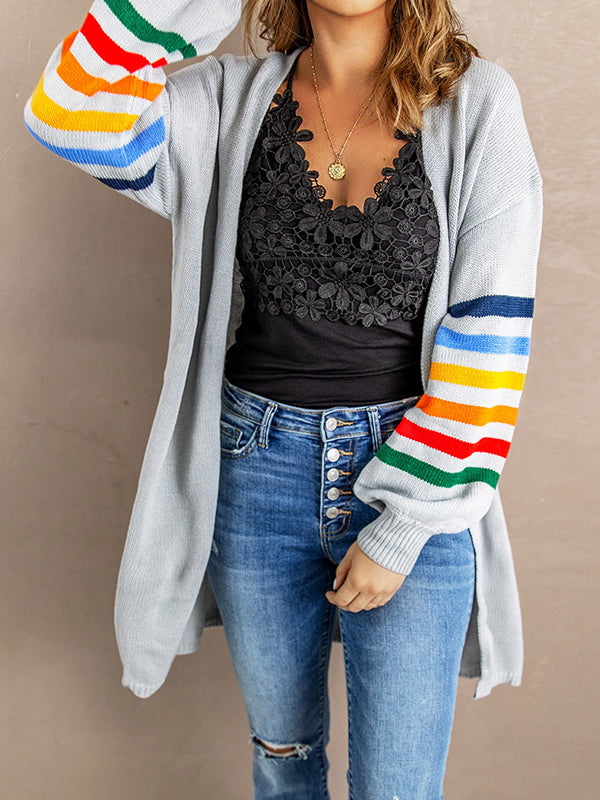 Long Sleeves Loose Colorful Contrast Color Striped Collarless Cardigan Tops