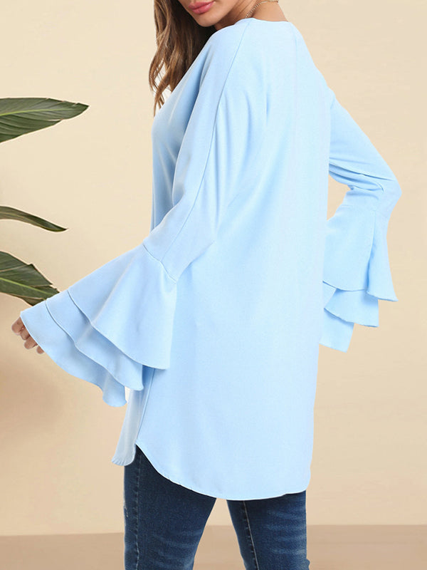 Flared Sleeves Loose Hollow Layered V-Neck Blouses&Shirts Tops