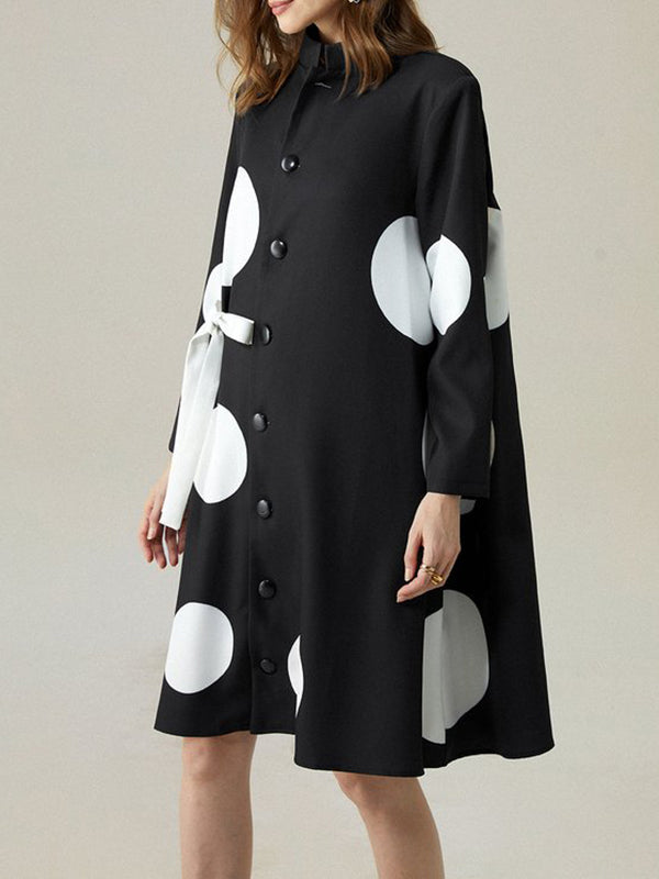 Long Sleeves Loose Asymmetric Buttoned Polka-Dot Tied Mock Neck Jackets&Coats Midi Dresses Outerwear