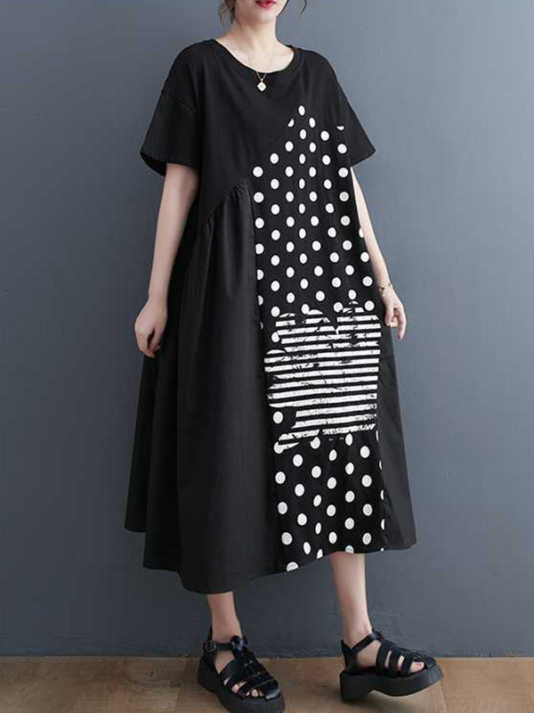 A-Line Loose Asymmetric Pockets Polka-Dot Split-Joint Round-Neck Midi Dresses