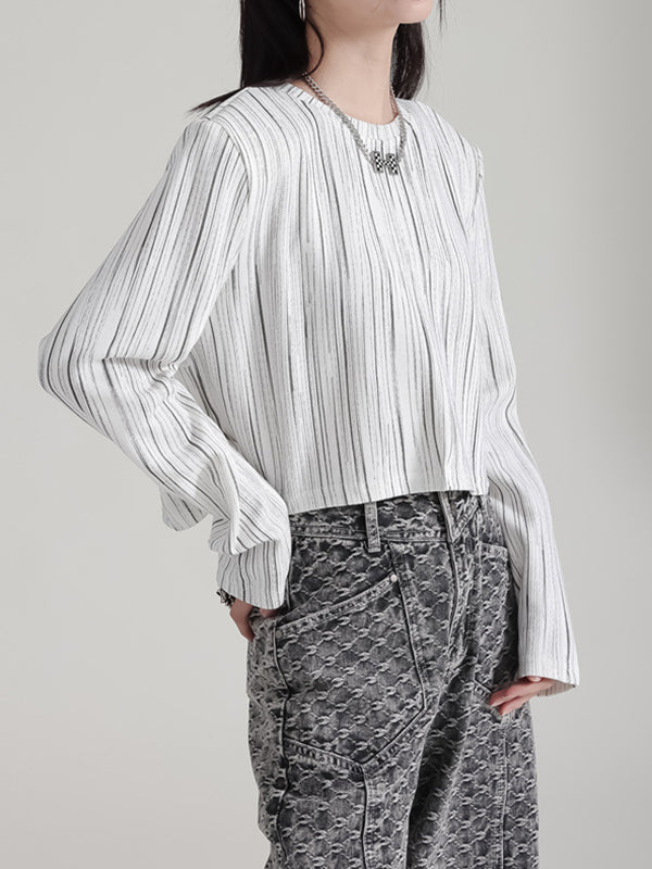 Long Sleeves Loose Shoulder Pad Striped Round-Neck T-Shirts Tops