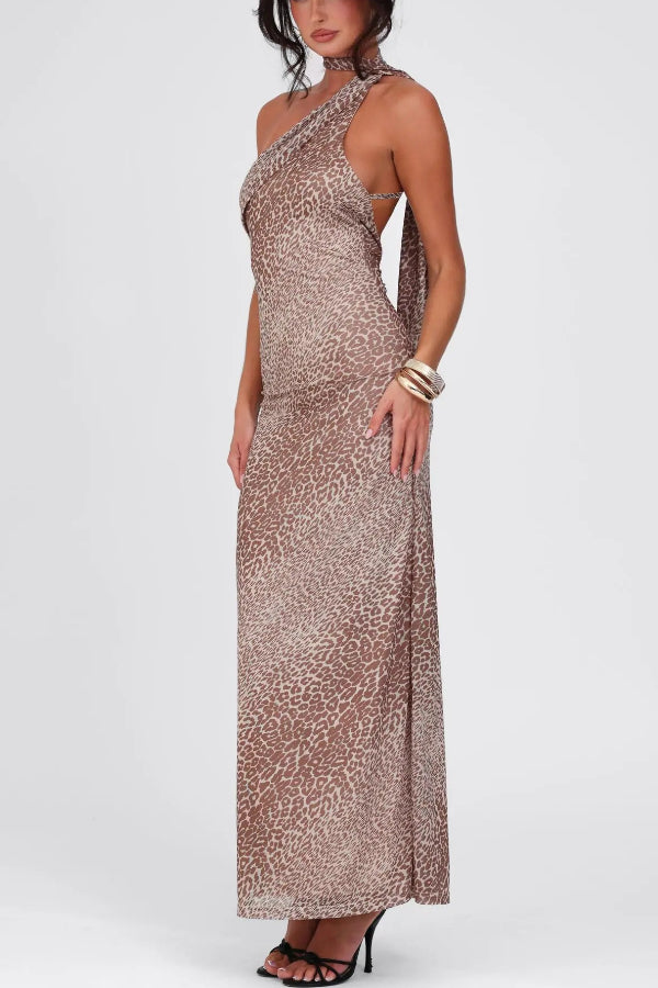 Slant-shoulder Leopard Print Halter Back Maxi Dress