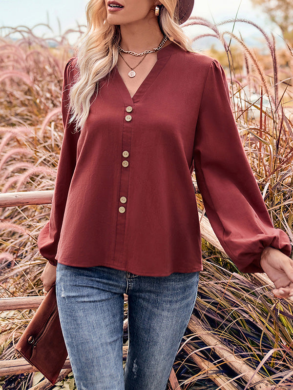 Long Sleeves Loose Buttoned Elasticity V-neck Blouses&shirts Tops