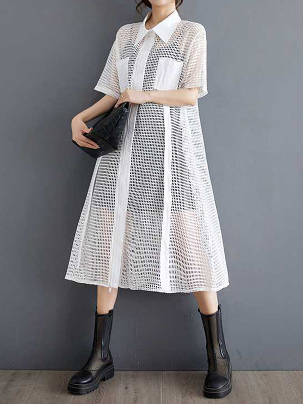 Half Sleeves Loose Hollow Solid Color Split-Joint Zipper Lapel Midi Dresses Shirt Dress