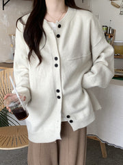 Long Sleeves Loose Buttoned Round-Neck Cardigan Tops