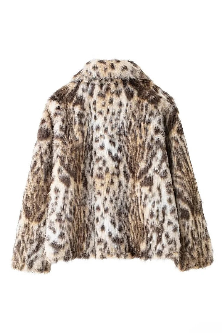 Leopard Print Faux Fur Turndown Collar Fuzzy Coat-Brown