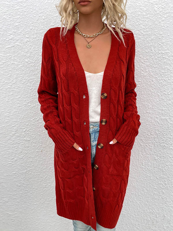 Urban Simple Loose Buttoned Solid Color Jacquard Cardigan Coat