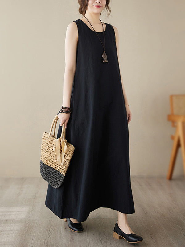 Loose Sleeveless Solid Color Round-Neck Midi Dresses