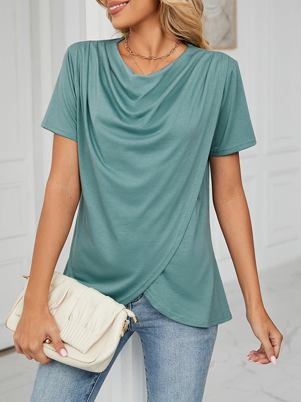 Loose Short Sleeves Pleated Solid Color Split-Joint Round-Neck T-Shirts