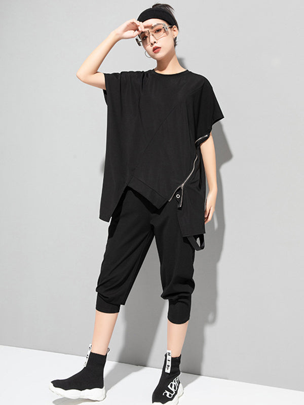 Stylish Irregular Zipper Split-Joint Black T-Shirt Top