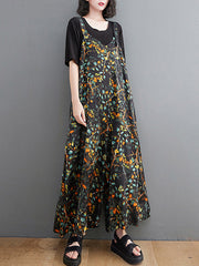 Loose Artistic Retro Ramie Cotton Floral Printed V-Neck Overalls