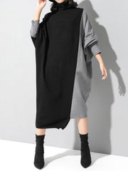 Casual Loose Split-Joint Contrast Color High-Neck Long Sleeves Dress