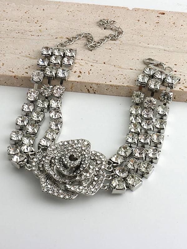 Chains Flower Shape Rhine Stones Necklaces Accessories