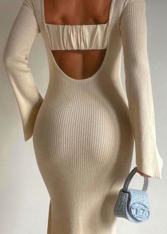 Sleek Long-Sleeve Knit Backless Dress