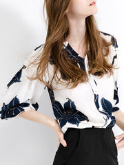 Loose Contrast Color Flower Print V-neck Blouses&shirts Tops