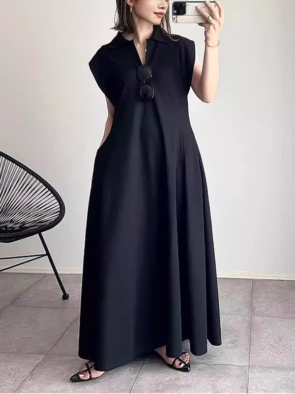 Loose Raglan Sleeve Pleated Solid Color Lapel Maxi Dresses