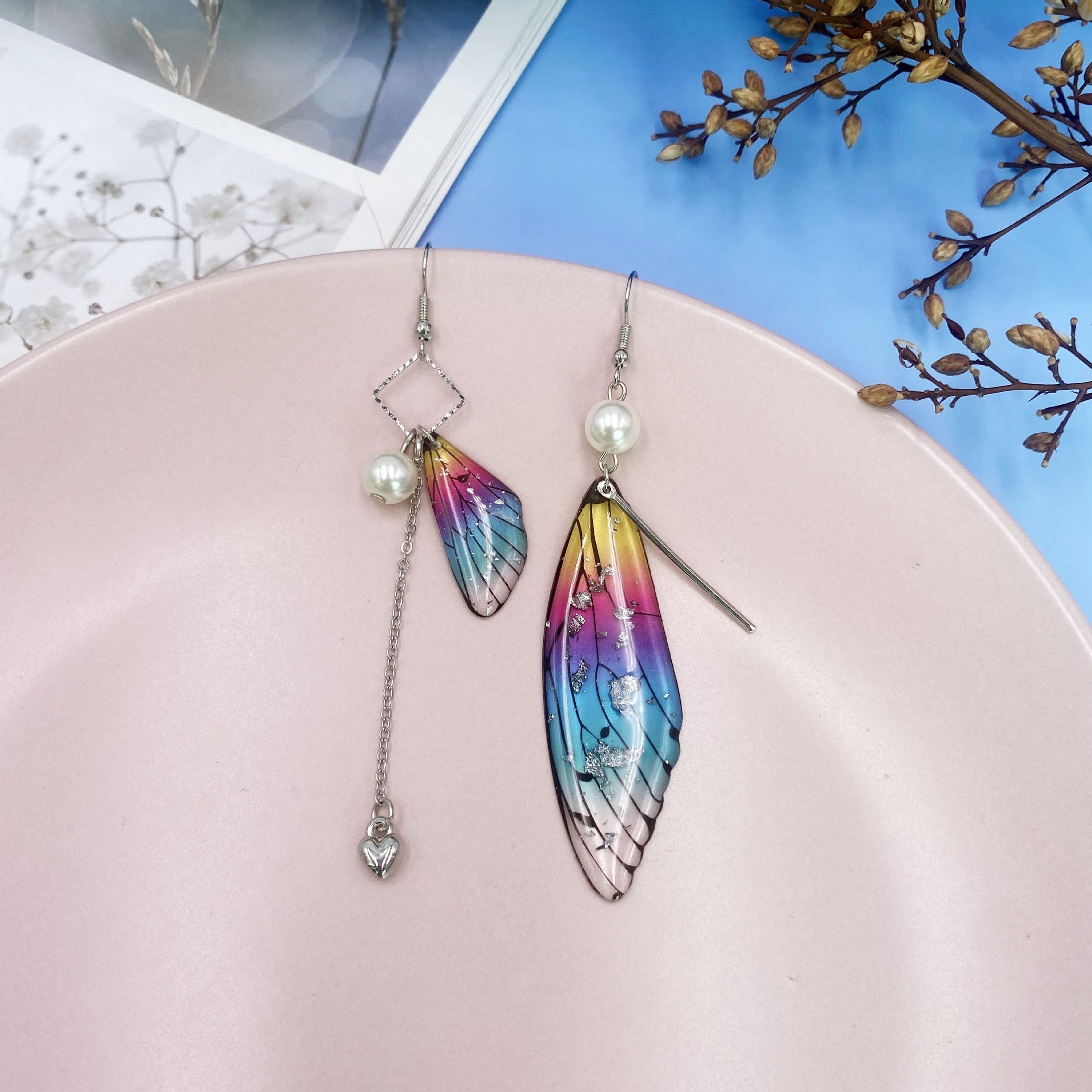 Butterfly Wing Rainbow Gold Foil Cicada Wing Tassel Earrings