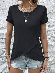 Loose Short Sleeves Asymmetric Ruffled Solid Color Split-Joint Round-Neck T-Shirts Tops