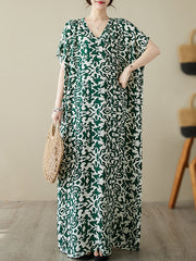 Batwing Sleeves Loose Floral Printed V-Neck Maxi Dresses