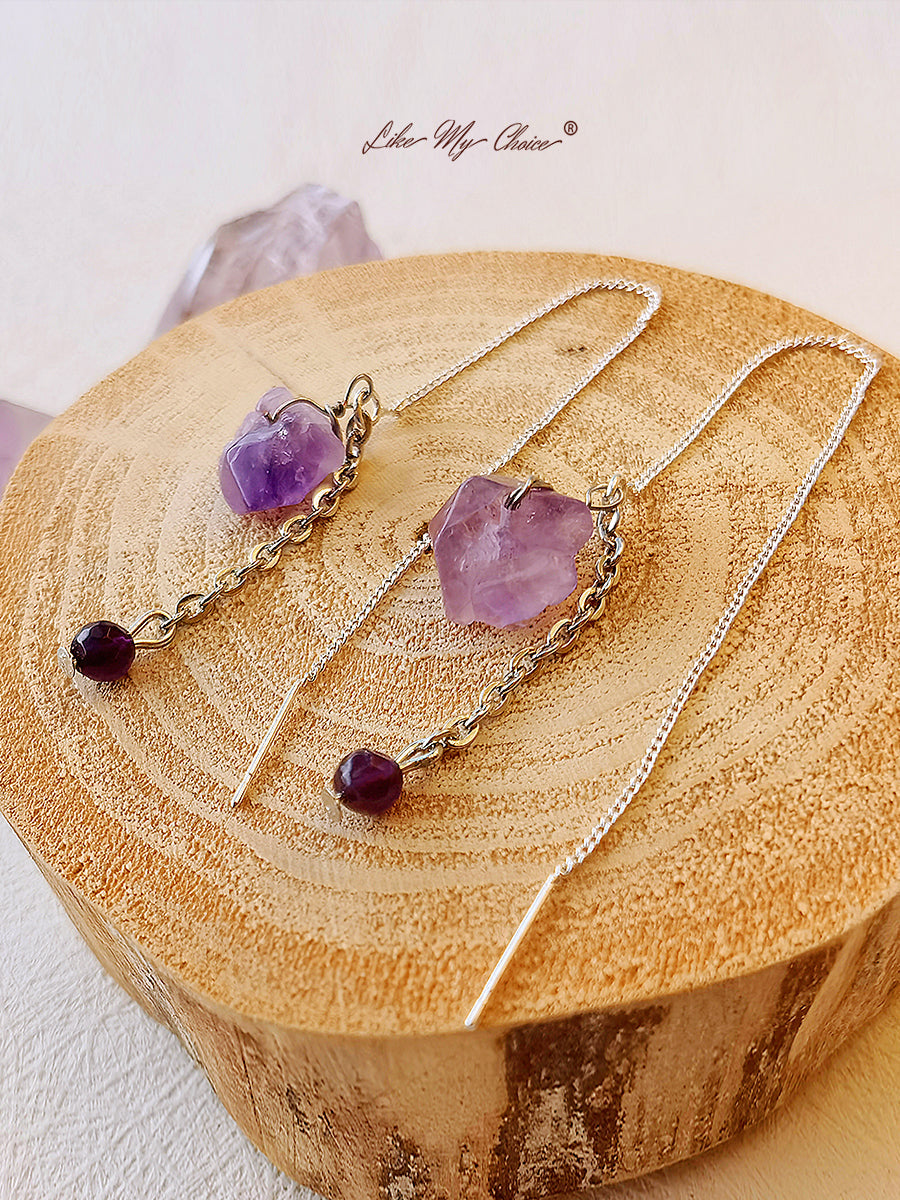 Natural Amethyst Tassels Long Chain Earrings