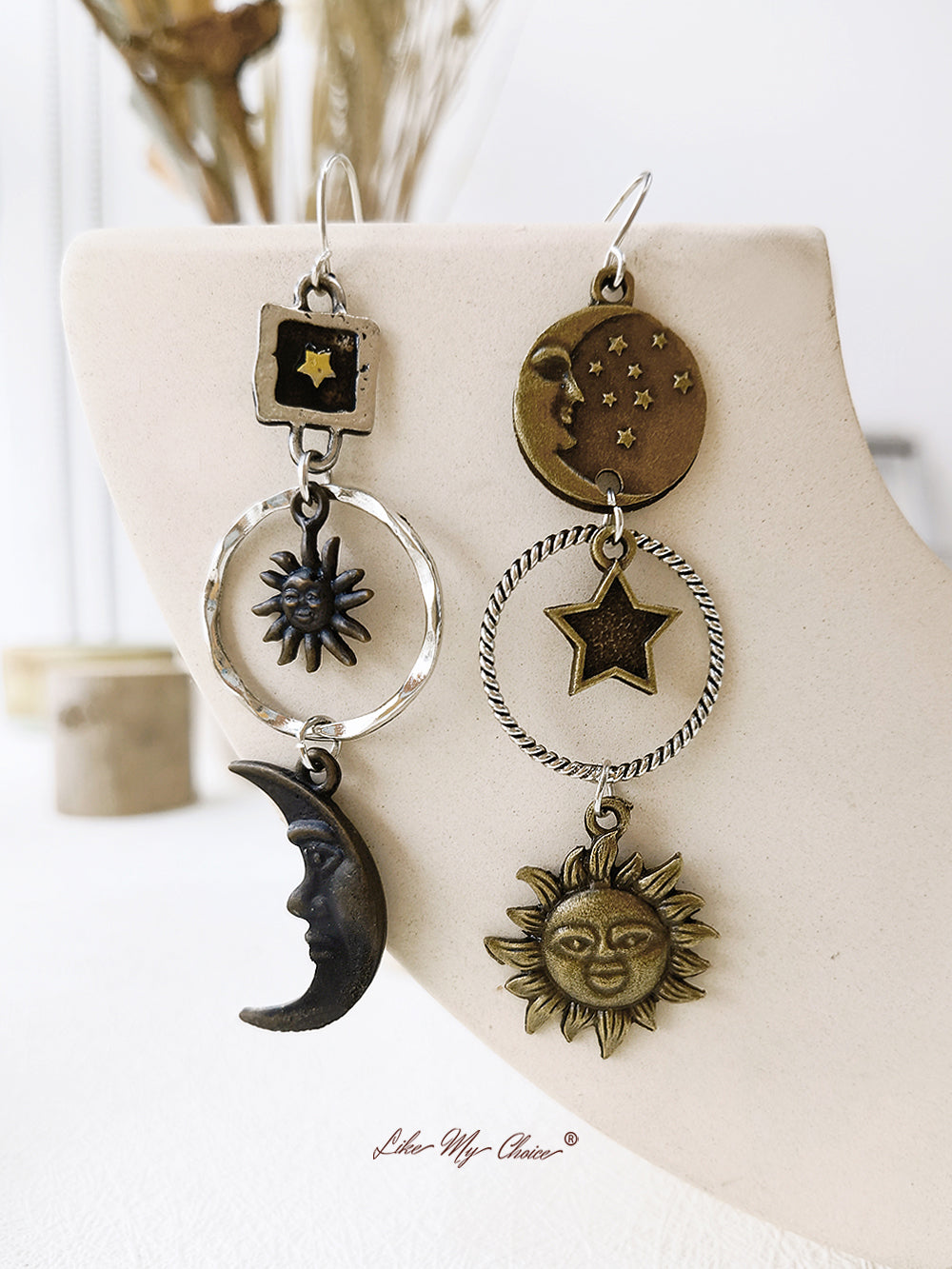 Boho Bronze Pendant Crescent Sun Star Earrings