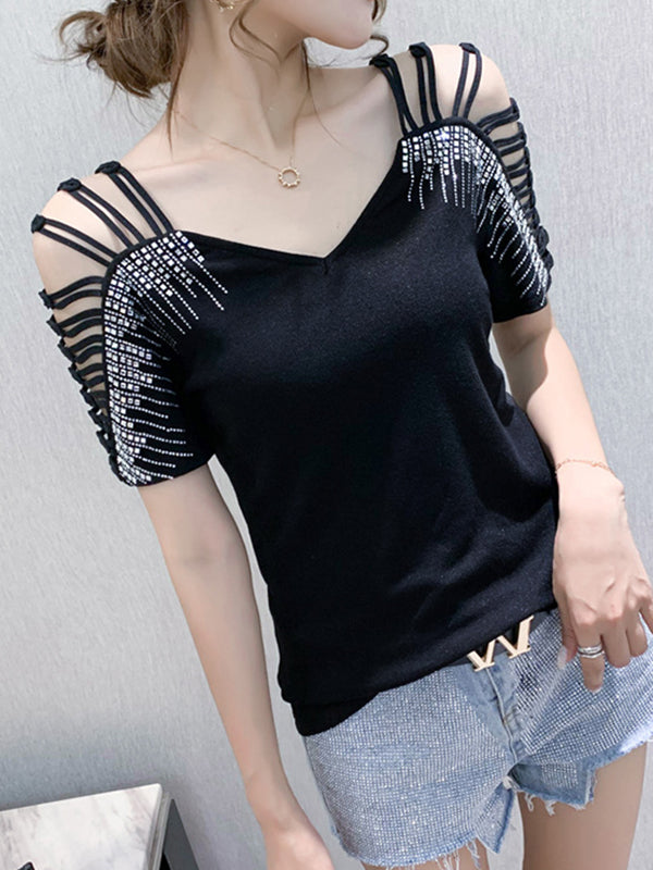 Loose Raglan Sleeve Hollow Rhine Stones Solid Color Split-Joint V-Neck T-Shirts Tops