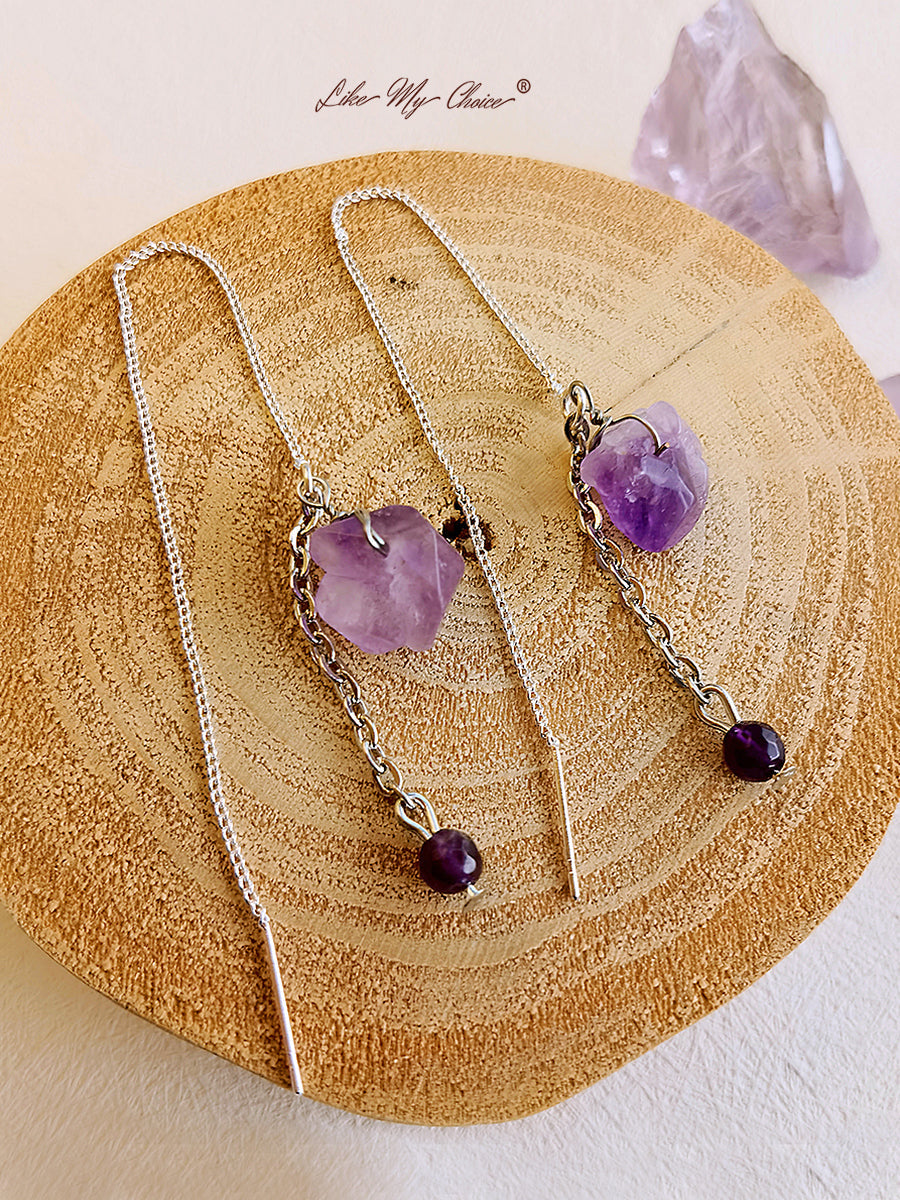 Natural Amethyst Tassels Long Chain Earrings