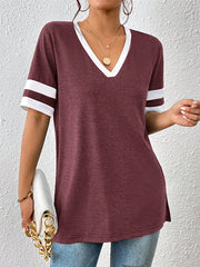 Loose Short Sleeves Split-Joint Split-Side Striped V-Neck T-Shirts Tops