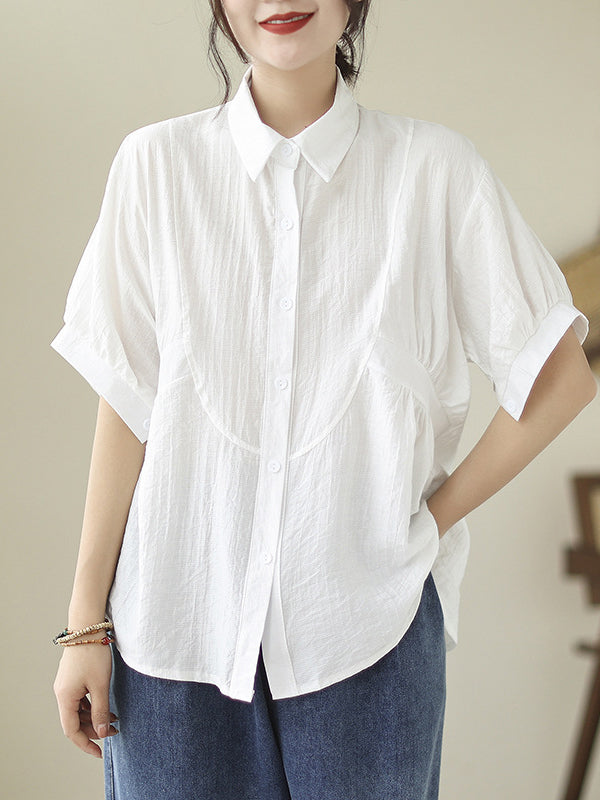 Half Sleeves Loose Pleated Solid Color Split-Joint Lapel Blouses&Shirts Tops