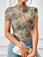 Short Sleeves Skinny Figure Flower Print Ruffle Trim See-Through Mock Neck T-Shirts Tops