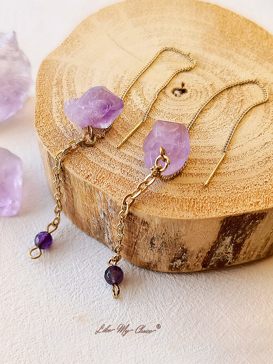 Natural Amethyst Tassels Long Chain Earrings