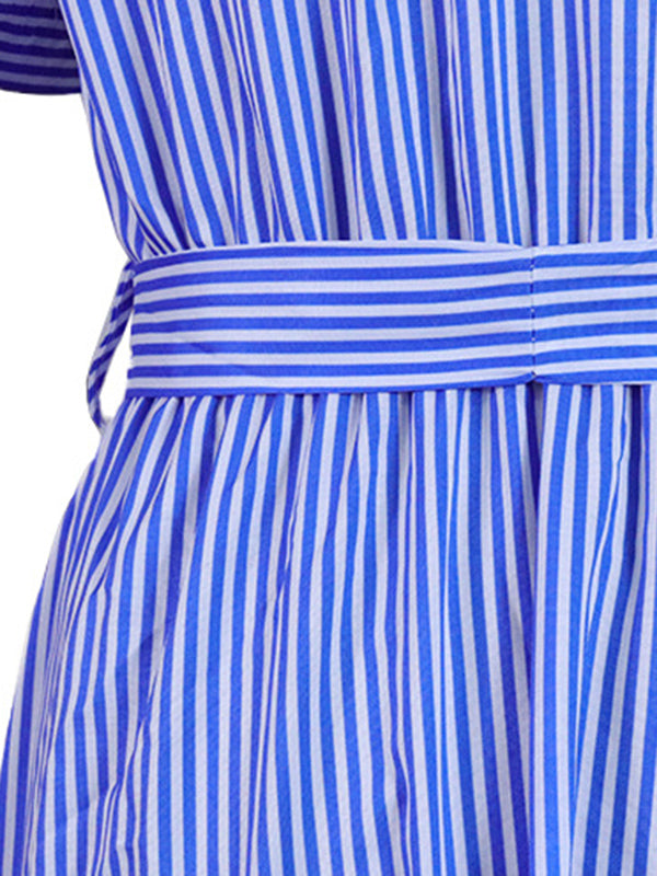 Loose Short Sleeves Striped Lapel Maxi Dresses