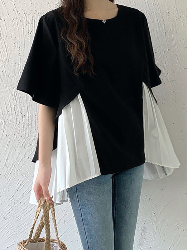 Half Sleeves Irregularity Split-Joint Round-Neck T-Shirts Tops